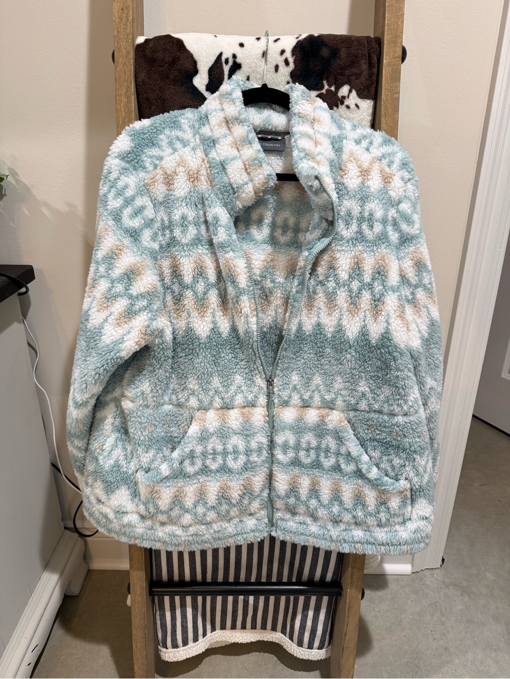 Free Country Plush Zip-Up Jacket in Mint, Cream & Tan